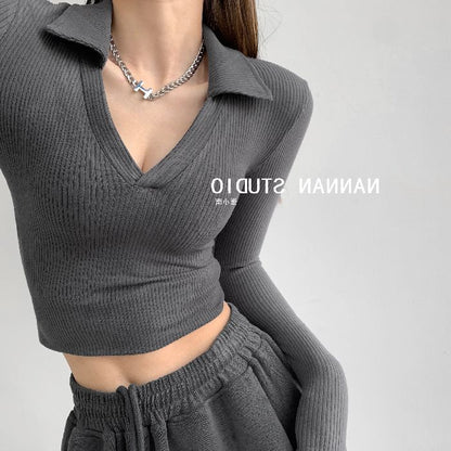 V-neck Long Sleeve Knit T-Shirt Women's  Stretch Slim Fit Bodysuit Top