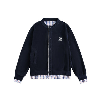 Plaid Patchwork False Two-Piece Loose Cardigan Hoodie