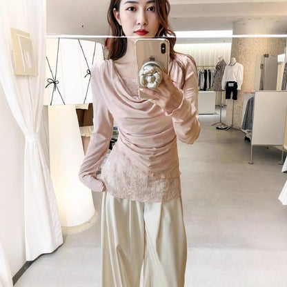 Cute Youthful Ruffled Neck Lace Spliced False Two-Piece Asymmetrical Top