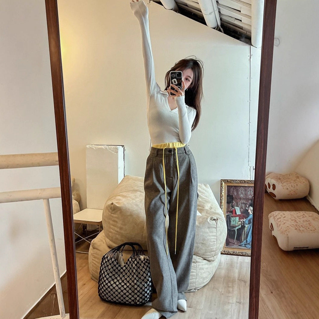 V-neck Long Sleeve Knit T-Shirt Women's  Stretch Slim Fit Bodysuit Top