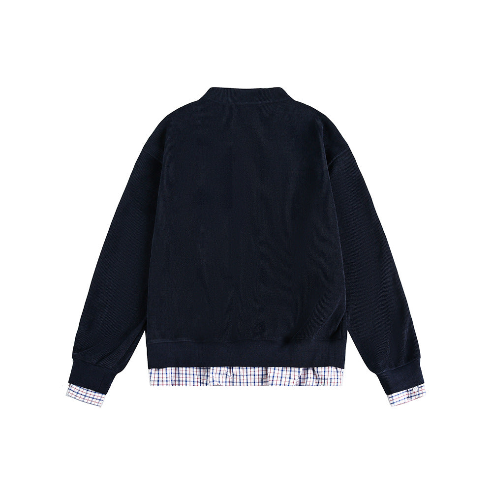 Plaid Patchwork False Two-Piece Loose Cardigan Hoodie