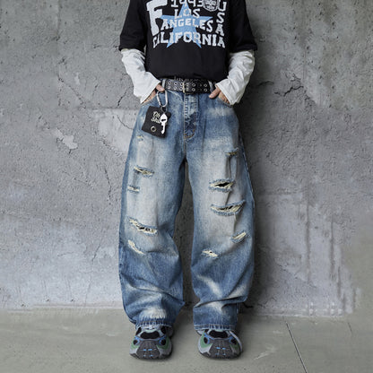 Vintage Personality Design Ripped Streetwear Loose Fit Jeans Men Hip Hop Distressed Wide Leg Long Pants