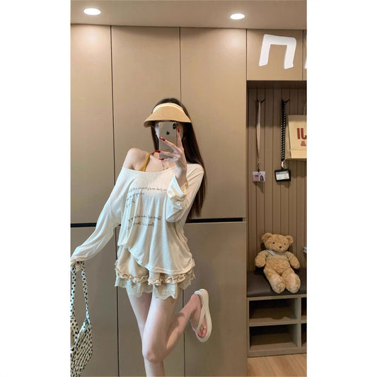 Casual Loose Semi-Transparent Printed Long Sleeve T-Shirt for Women Sun Protection Top