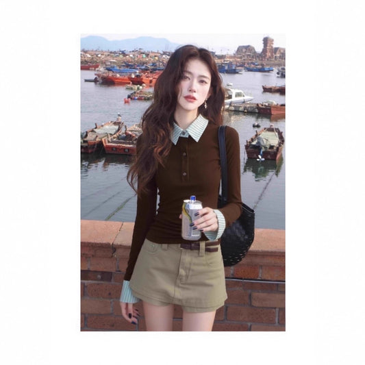 Chic Plaid Spliced Mock Two-Piece Fitted Polo Neck Top for Women