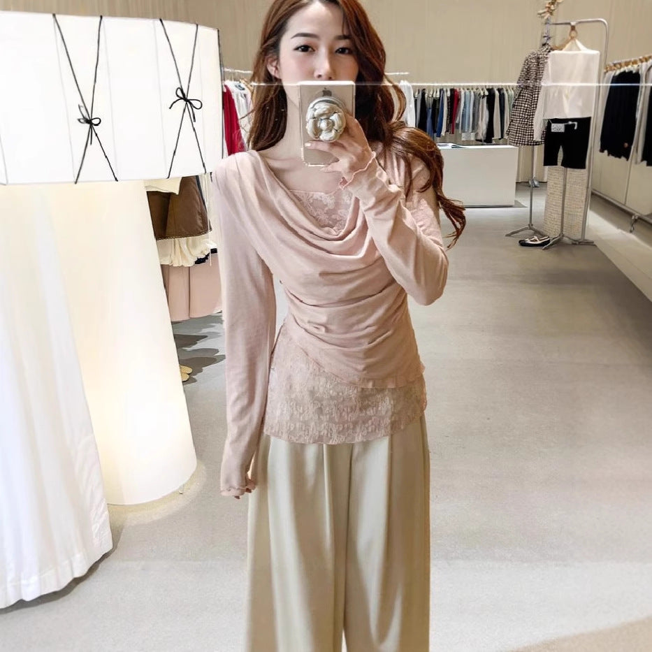 Cute Youthful Ruffled Neck Lace Spliced False Two-Piece Asymmetrical Top