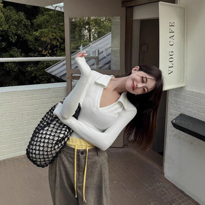 V-neck Long Sleeve Knit T-Shirt Women's  Stretch Slim Fit Bodysuit Top