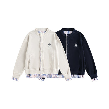 Plaid Patchwork False Two-Piece Loose Cardigan Hoodie