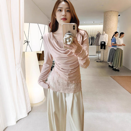 Cute Youthful Ruffled Neck Lace Spliced False Two-Piece Asymmetrical Top