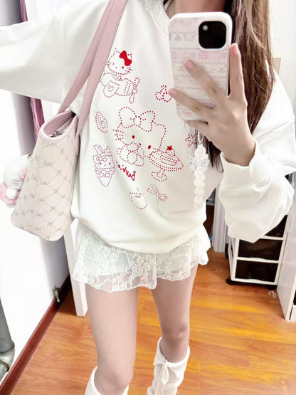 Cute KT Cat Print Casual Loose Hoodie for Women