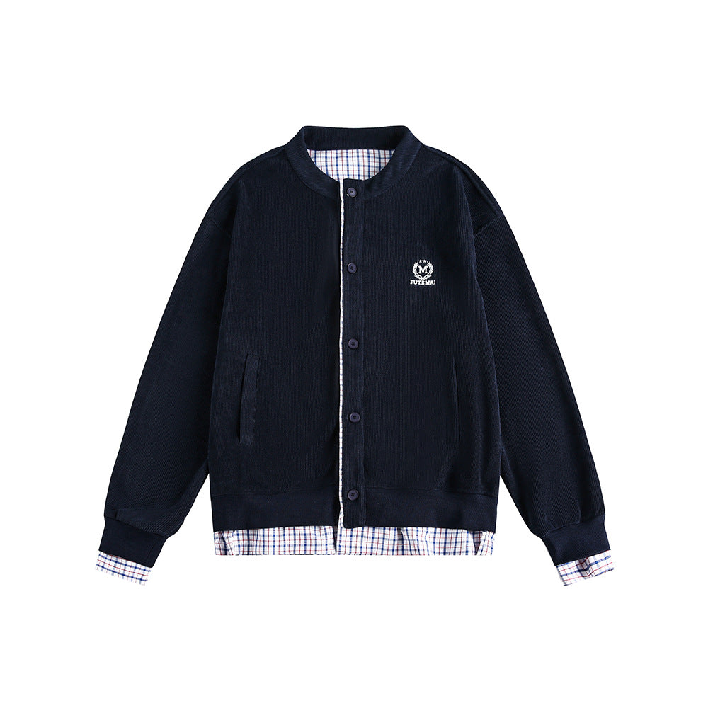 Plaid Patchwork False Two-Piece Loose Cardigan Hoodie