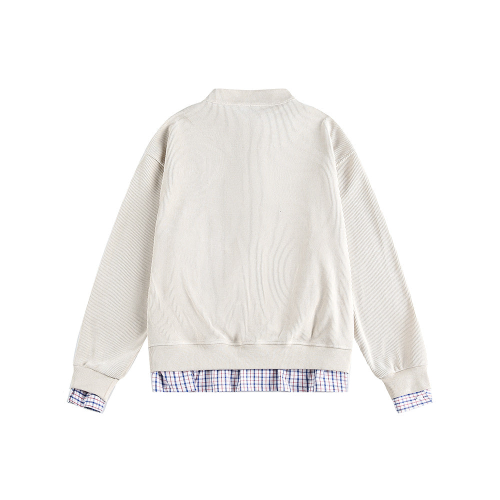 Plaid Patchwork False Two-Piece Loose Cardigan Hoodie