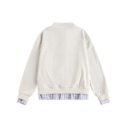 Plaid Patchwork False Two-Piece Loose Cardigan Hoodie