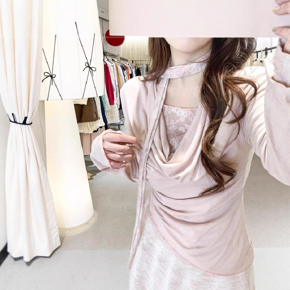 Cute Youthful Ruffled Neck Lace Spliced False Two-Piece Asymmetrical Top