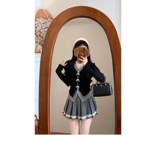 Color Block Fake Two-Piece V-Neck Long Sleeve T-Shirt Women  Slim Fit Bow Short Top