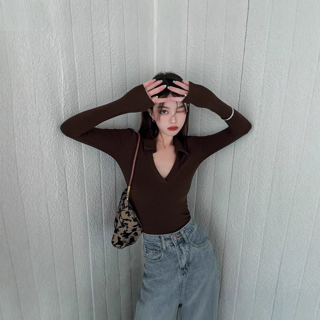 V-neck Long Sleeve Knit T-Shirt Women's  Stretch Slim Fit Bodysuit Top