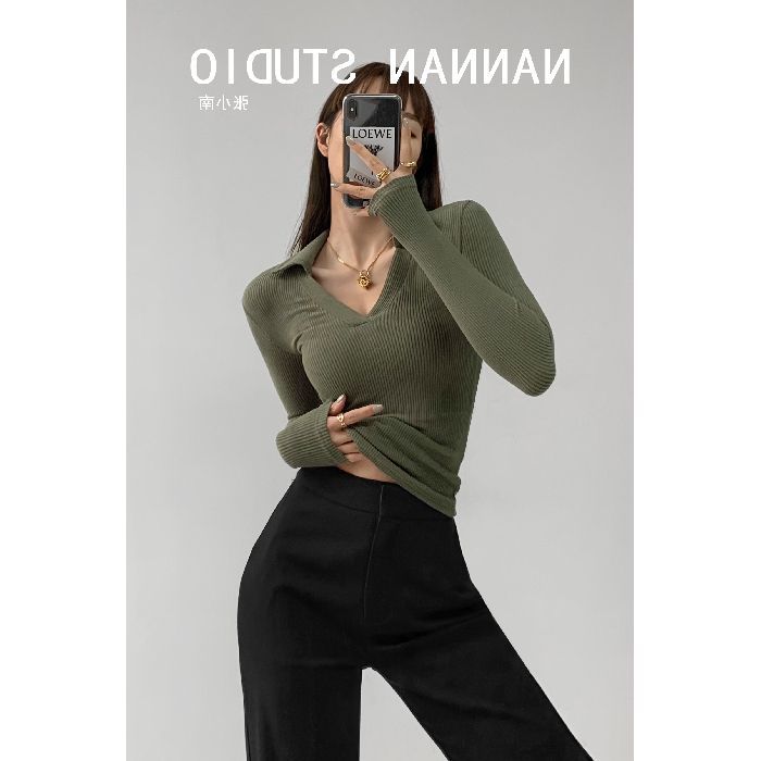 V-neck Long Sleeve Knit T-Shirt Women's  Stretch Slim Fit Bodysuit Top