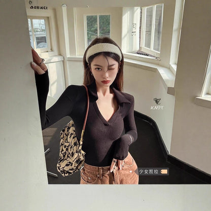 V-neck Long Sleeve Knit T-Shirt Women's  Stretch Slim Fit Bodysuit Top