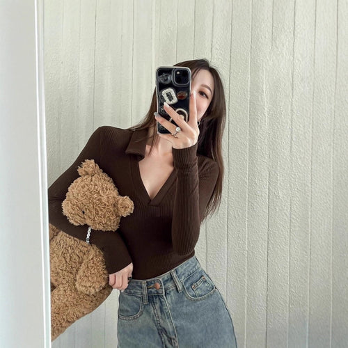 V-neck Long Sleeve Knit T-Shirt Women's  Stretch Slim Fit Bodysuit Top