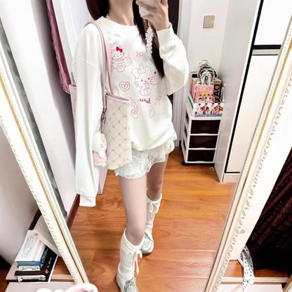 Cute KT Cat Print Casual Loose Hoodie for Women