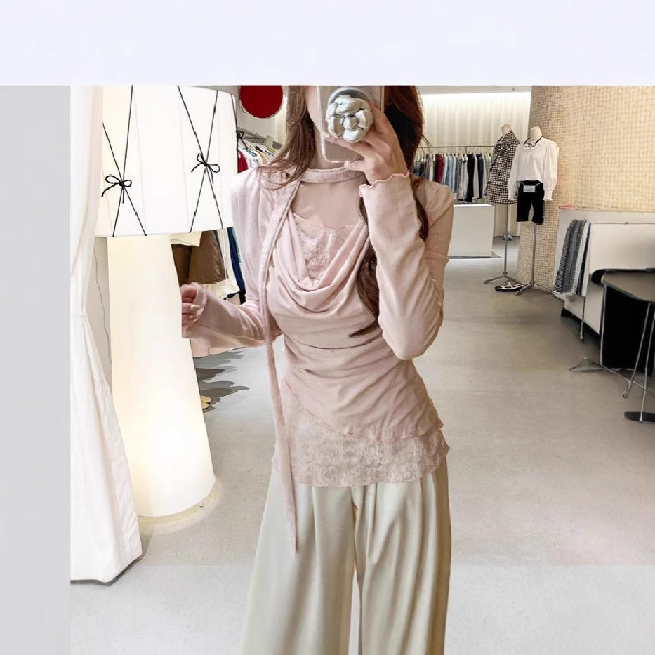 Cute Youthful Ruffled Neck Lace Spliced False Two-Piece Asymmetrical Top