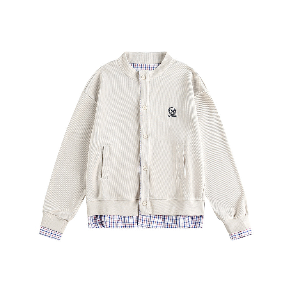 Plaid Patchwork False Two-Piece Loose Cardigan Hoodie