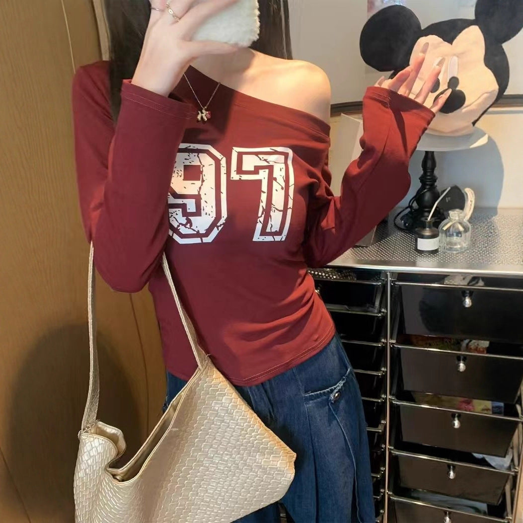 Chic Printed Long Sleeve T-Shirt for Women, Slim Fit, High Neck Design